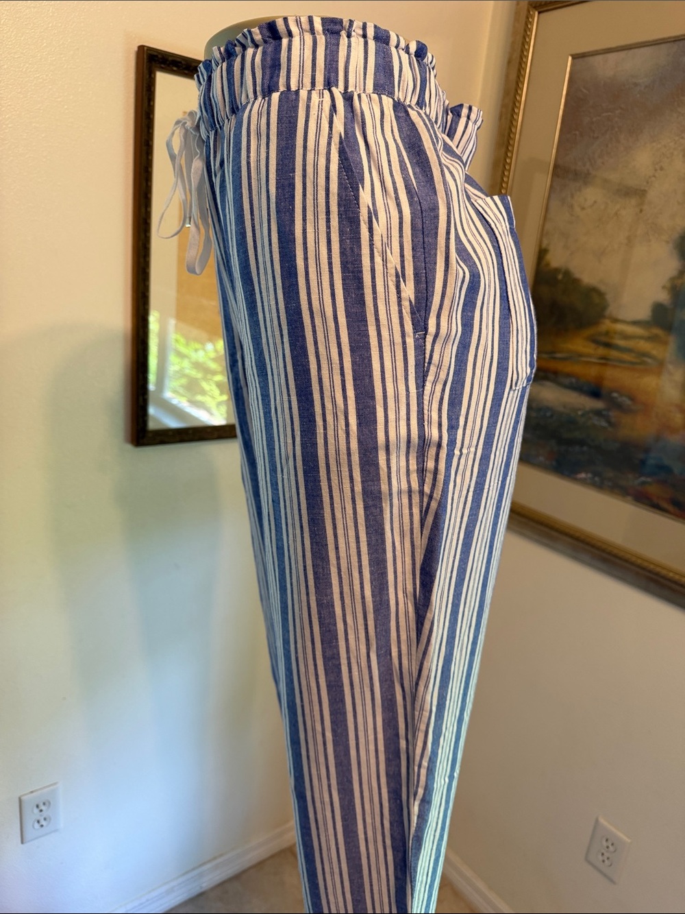 NWOT LOFT Blue & White Striped Linen Drawstring Pants w/Pockets - Picture 9 of 15